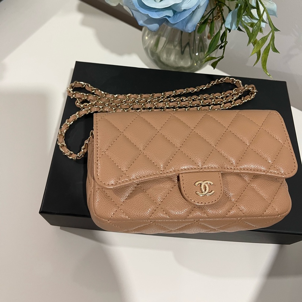 New Chanel classic flap phone holder wallet on chain caviar handbag beige bag
